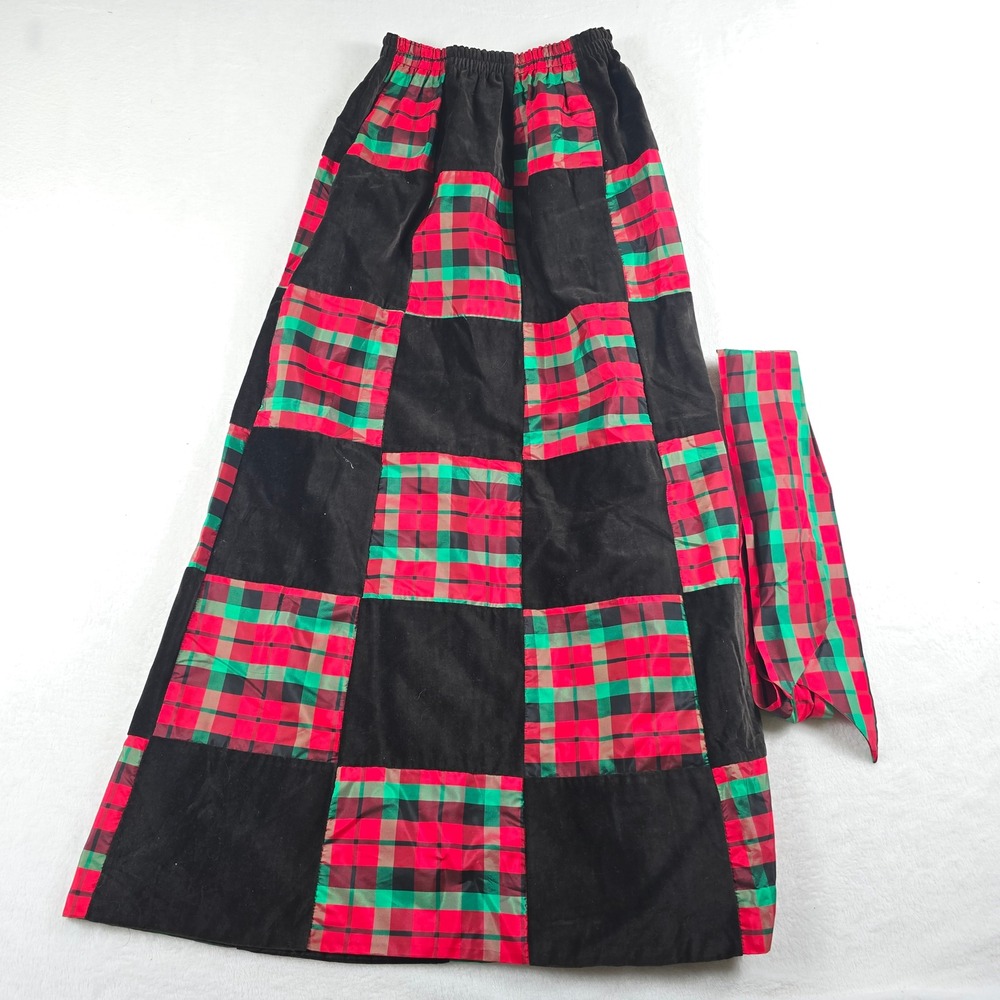 Vintage Mr. Hank Velvet Plaid Patchwork Maxi Skirt Sash Black Red Green Holiday